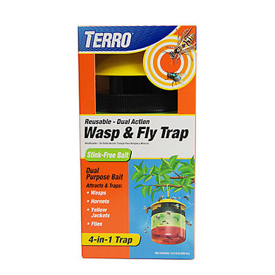 CHS Terro Wasp & Fly Trap Large (T516) Attracts and traps wasps, hornets, yellow jackets, and flies Bug Lock Lid™ keeps bugs securely inside the trap Convenient 4-step setup makes it easy to use Unique, stink-free bait formula Reusable trap design Refill with Terro Wasp & Fruit Fly Trap - Refill (T517)