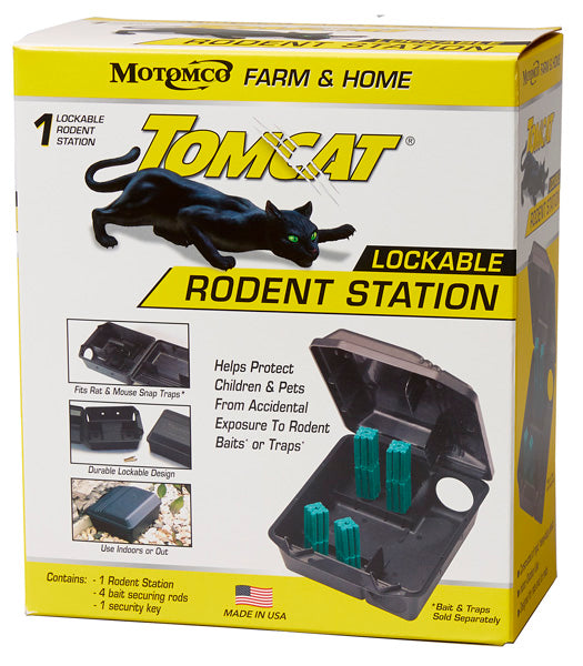CHS Motomco Tomcat Sidewinder Rodent Station (Lockable) keeps bait fresh and away from non-target species The station locks when closed and unlocks with a special 2-prong key