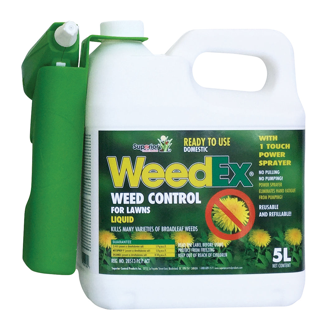 CHS WeedEx RTU 5L w/ Electric Sprayer ready-to-use selective herbicide Bush, grass and broadleaf weed control liquid. Control entire plant, burns off. Guarantee: 2,4-D: 1.9 g a.e./L - Mecoprop-P: 1.0 g a.e./L - Dicamba : 0.18 g a.e./L 5L Comes with electric sprayer for easy application