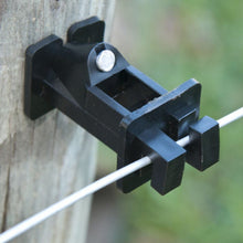 Load image into Gallery viewer, CHS Zareba Black Wood Post Insulator Fastens electrified wire to wooden posts without losing energy through the post Extends the wire 2-1/2-inch from the wooden post For 9 gauge through 22 gauge high-tensile steel wire and aluminum wire, all polywire (both regular and heavy duty), and polyrope up to 1/4-inch in diameter 25 insulators per bag (IWNB-Z)
